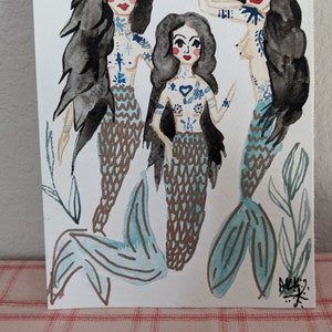Tattooed Mermaid- watercolor/ hand painted/ original art