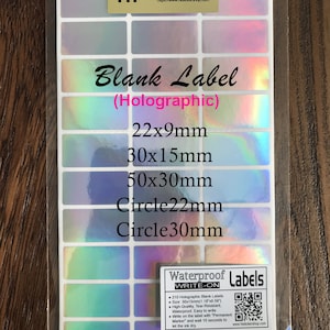 May include: A sheet of holographic blank labels in various sizes, including 22x9mm, 30x15mm, 50x30mm, and circles with diameters of 22mm and 30mm. The labels are waterproof and write-on, making them ideal for labeling and organizing.