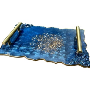 Handmade custom resin serving tray, navy, size options, gold silver leaf, handles, decorative, serving tray, bread board
