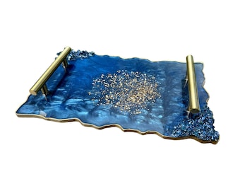 Handmade custom resin serving tray, navy, size options, gold silver leaf, handles, decorative, serving tray, bread board