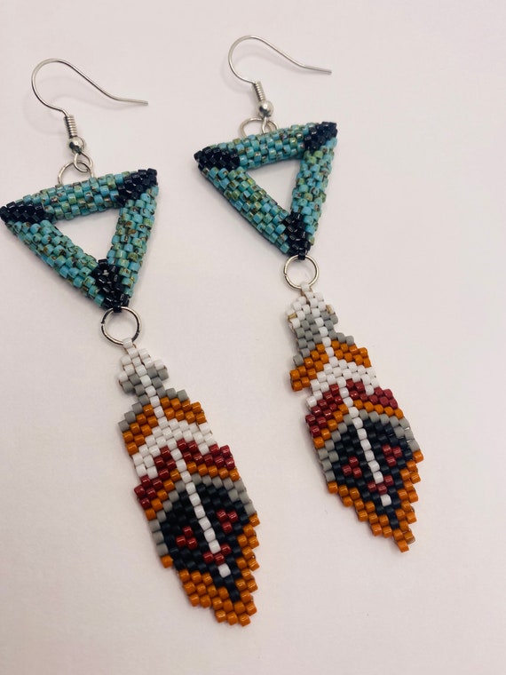 Beaded Triangle Feather Earrings Etsy UK