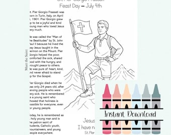 Página para colorir de São Pier Giorgio Frassati: atividade de santo católico (download digital)