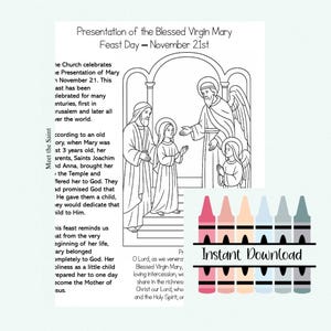 May include: Black and white line art illustration of the Presentation of the Blessed Virgin Mary. The image includes text that reads "Presentation of the Blessed Virgin Mary Feast Day - November 21st" and "Instant Download."