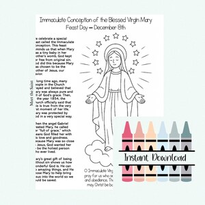 Puede incluir: Dibujo lineal en blanco y negro de la Inmaculada Concepción de la Santísima Virgen María, con texto sobre el día de la fiesta y la frase "Descarga instantánea". Incluye un juego de crayones de colores.