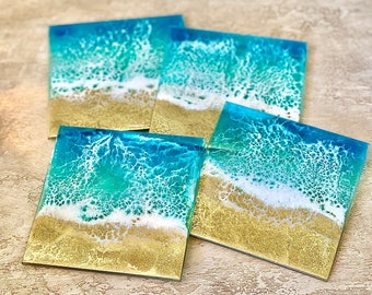 Glass coaster set, beach glassware, beach lover gift, Galentine’s gift, beach drinkware, resin coaster set, stocking stuffer, for friend