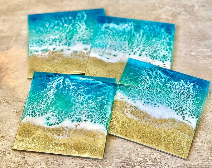 Glass coaster set, beach glassware, housewarming gift for her, beach lover gift, Mothers Day gift, beach drinkware, resin coaster set