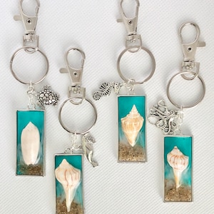 May include: Set of four silver keychains with turquoise resin charms featuring different seashells. Each charm has a silver ring with a small sea creature attached. The sea creatures include a turtle, a seahorse, an octopus, and a dolphin.