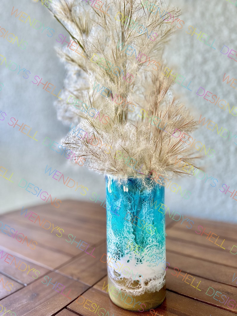 Jarrón de resina hecho a mano con motivos playeros, decoración de olas costeras, portavelas para centro de mesa de boda. imagen 1