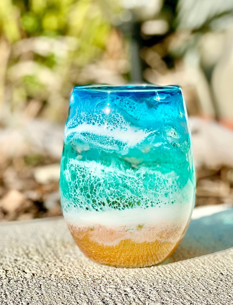 Set of 2, Beach glassware, Beach wine glasses, Beach drinkware, Beach lover gift, Mothers Day gift, Beach wedding gifts, Stemless glasses image 1