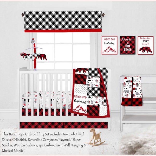 Bacati Lumberjack Boys 100 percent Cotton Nursery Crib/Toddler Room Bedding & Room Decor, Red/Black/Grey