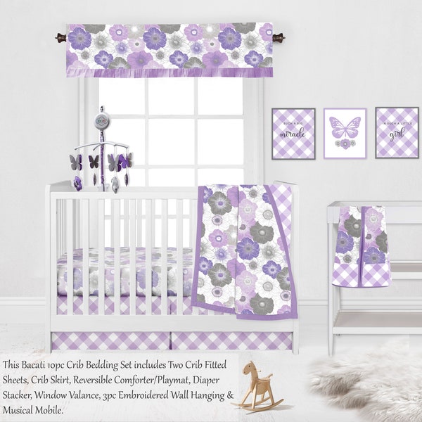 Bacati Water Color Floral  Girls 100 percent Cotton Nursery Crib/Toddler Room Bedding & Room Decor, Purple Grey