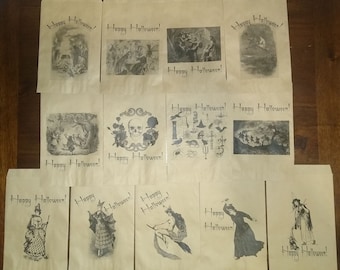 May include: Twelve brown paper bags with various Halloween-themed illustrations. The bags have the text "Happy Halloween!" printed on them.