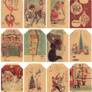 Vintage style Retro and Victorian Christmas Gift Tag stickers Kraft Brown or White