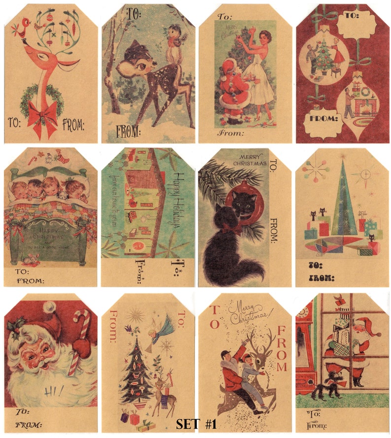 Vintage style Retro and Victorian Christmas Gift Tag stickers Kraft Brown or White 