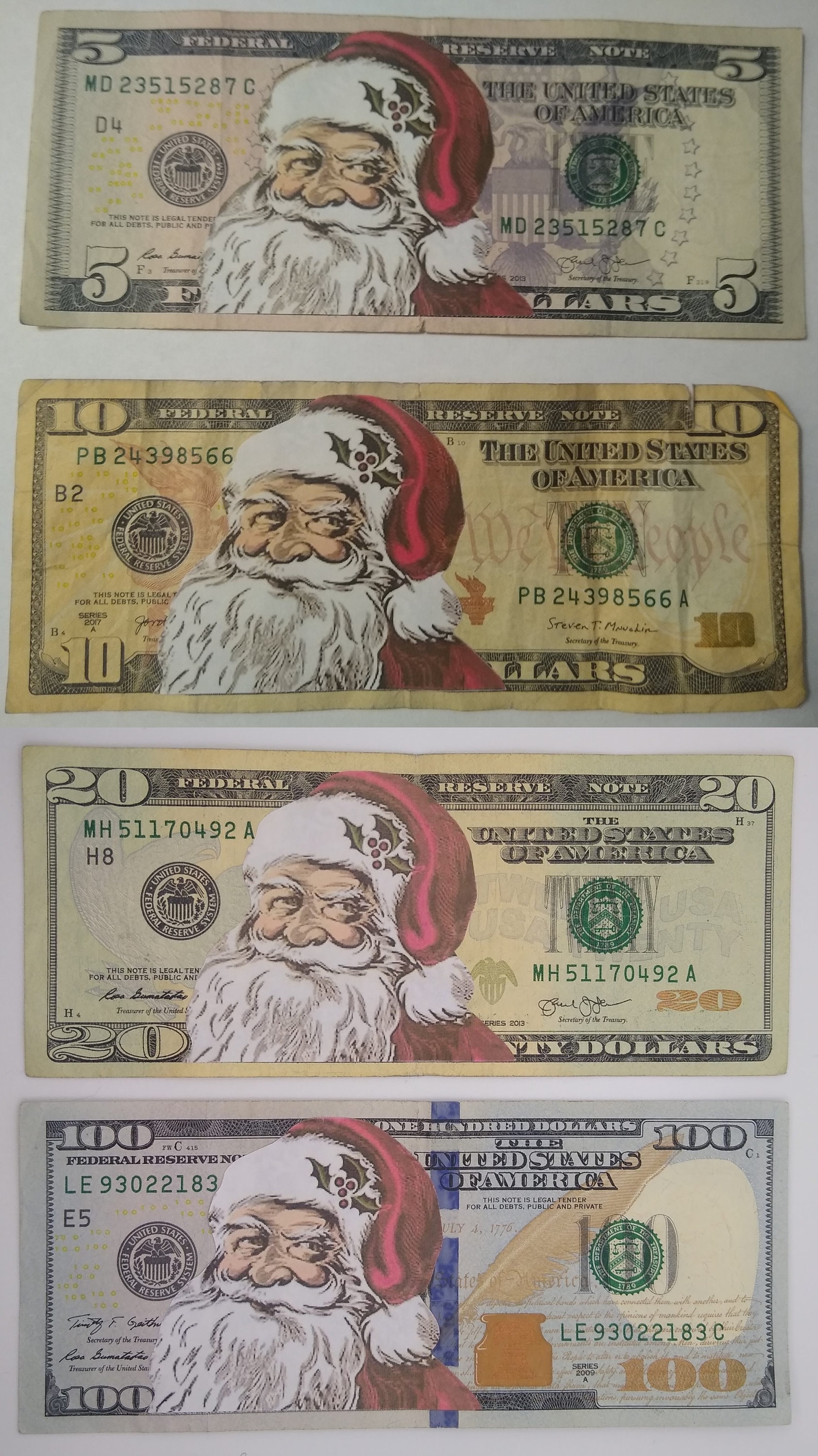 Santa Dollar Decal for 5, 10, 20, 50, 100 Dollar Bill Gift **NO