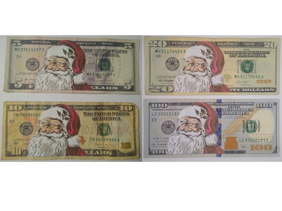 Santa Dollar Decal for 5, 10, 20, 50, 100 Dollar Bill Gift **NO
