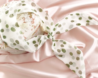 Short Skinny Silk Hair Scarf Tie. Small Christmas Gift, Mulberry Chiffon thin neck scarf, Off White Green Dots Scarves for Head, Purse, Head