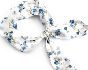 Silk / Cotton Blend Short Hair Skinny Scarf in White and Blue. Scarf Outfit. Floral Narrow Head scarf Tie. Small Neckerchief, Gift for Her