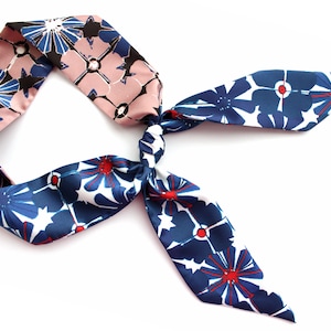 Blue navy skinny hair scarf, Floral satin headband, Silky purse scarf, Ponytail tie scarves, neck choker, Mothers gift, Purse accessory