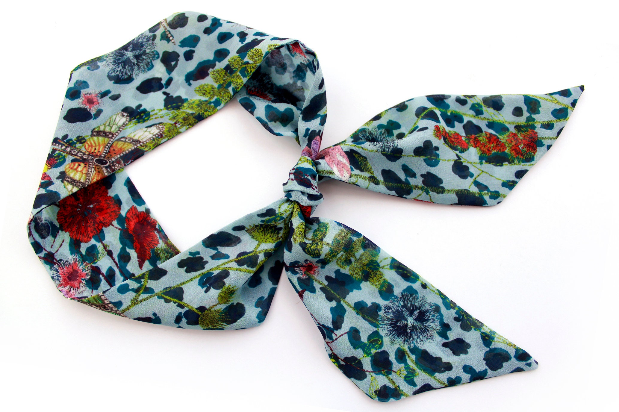 Floral Chiffon Skinny Scarf, Short Neck Wrap, Headband, Hair and Purse Accessory, Handbag Accessory, Bag Charm, Valentines Day Gift
