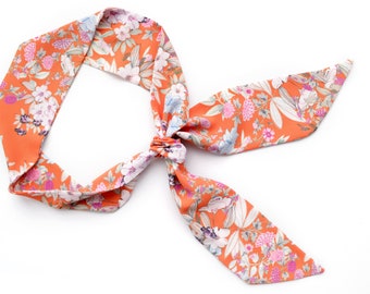 Orange hair skinny scarf. Floral headband. Short neck narrow scarves. Summer hat scarf tie. Purse handle wrap scarf