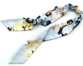 Blue short skinny scarf. Floral narrow head band. Small skinny scarf tie for hair, purse, handbag, summer hat