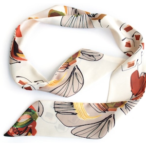Silky Satin Hair Skinny Scarf. Ivory Luxury Christmas Gift for Her. Off-white Floral Pattern. Small Scarves for Neck Choker, Head