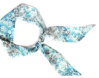 Blue short hair skinny scarf of viscose chiffon. Small summer scarves for neck, head tie, headband, ponytail, purse handle tie