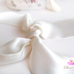 Ivory of White Silk Satin Chiffon Short Skinny Scarf: Neckerchief, Ponytail, Choker, Headband ribbon, Narrow, Purse Tie