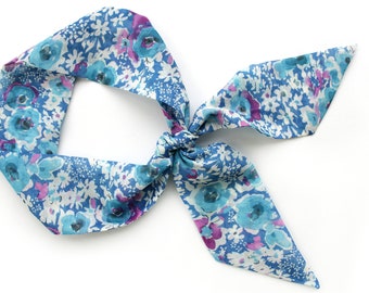 Women Blue White Floral Short Skinny Scarf: Head Tie, Hair Ribbon, Choker, Neckerchief, Purse Tie, Narrow Headband; Viscose-cotton