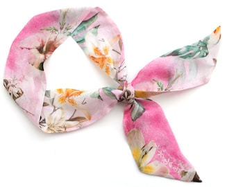 Lightweight Skinny Scarf, Pure Silk Chiffon Neck in Soft Pink, Mulberry Floral Neckerchiefs Scarf Tie, Bow Scarf, Purse Tie Handle Wrap,