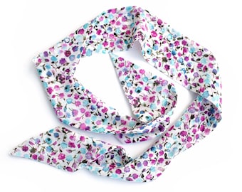 Pale Blue Skinny Scarf for Hair, Neck, Head & Purse, Lightweight Floral Tie, Small Flower Pattern