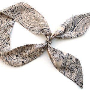 Paisley Short Hair Skinny Scarf in Beige with black lines. Silky Head Band tie. Purse Handbag Scarf. Small Mothers gift for her