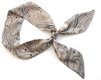 Paisley Short Hair Skinny Scarf in Beige with black lines. Silky Head Band tie. Purse Handbag Scarf. Small Mothers gift for her