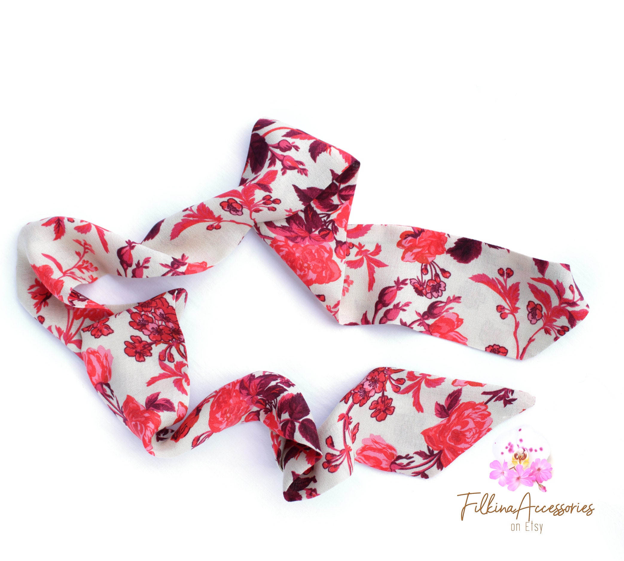 Beige kleiner dünner seidiger Schal rote Rosen Ponytail | Etsy