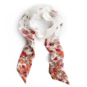Long Skinny Scarf Pure Silk Chiffon in White, Red, Orange. Lightweight Mulberry Luxury Neck tie. Handbag Scarf, Hair, Neckerchief, Head Band