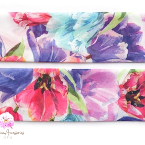 Lightweight purple white silky skinny scarf with tulips: neckerchief, hairband, purse handle wrap tie