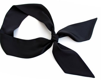 Black satin short hair scarf, small skinny neck scarves, head tie, narrow headband, Purse scaf. Neckerchief