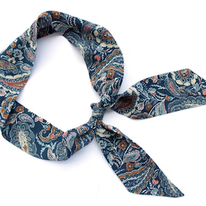 Viscose Paisley Blue Short Hair Skinny Scarf, Narrow Scarf Tie for Head, Neck, Purse, Handbag ,Choker, Wrist, Handbag. Small gift for woman