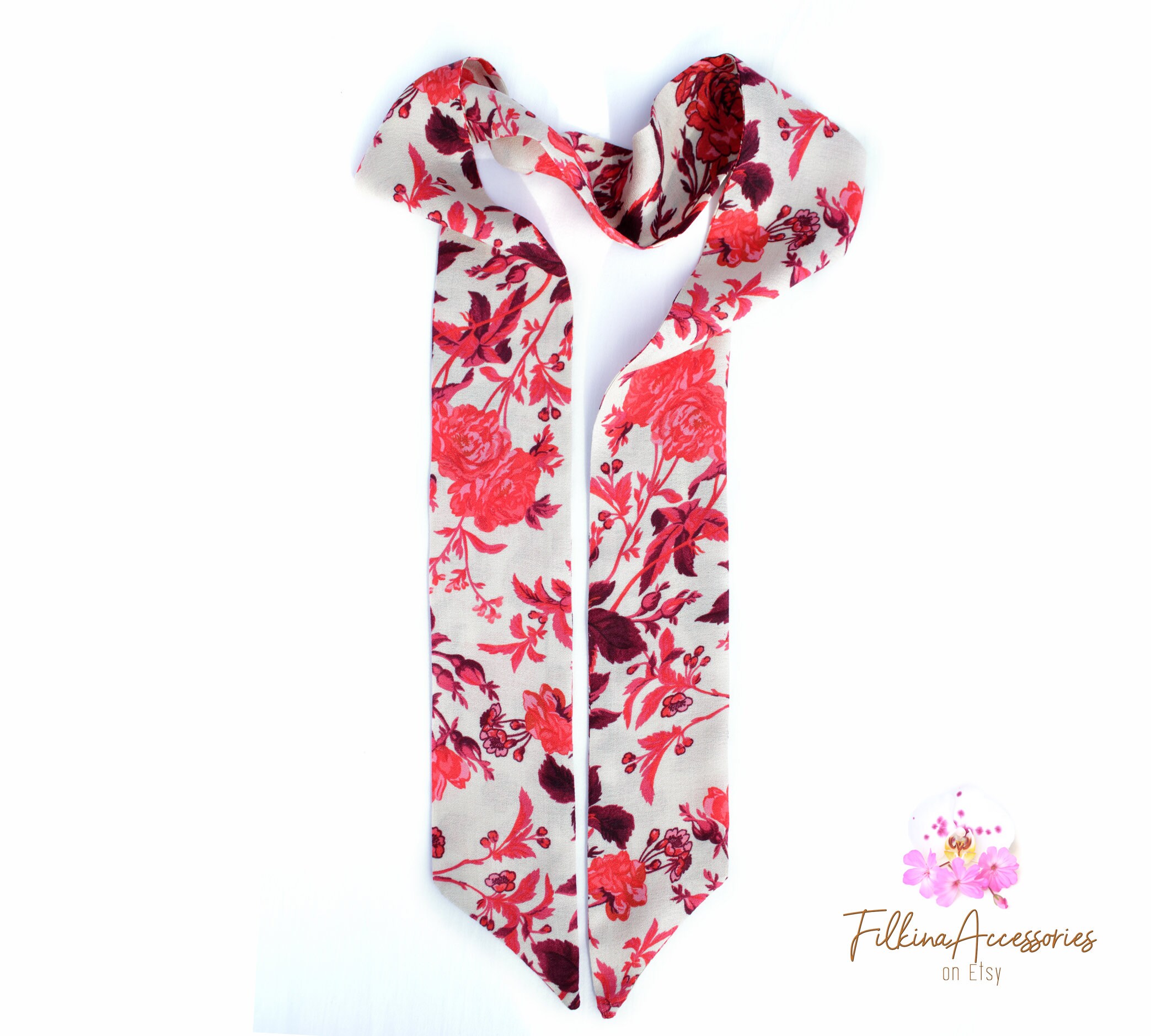Beige kleiner dünner seidiger Schal rote Rosen Ponytail | Etsy