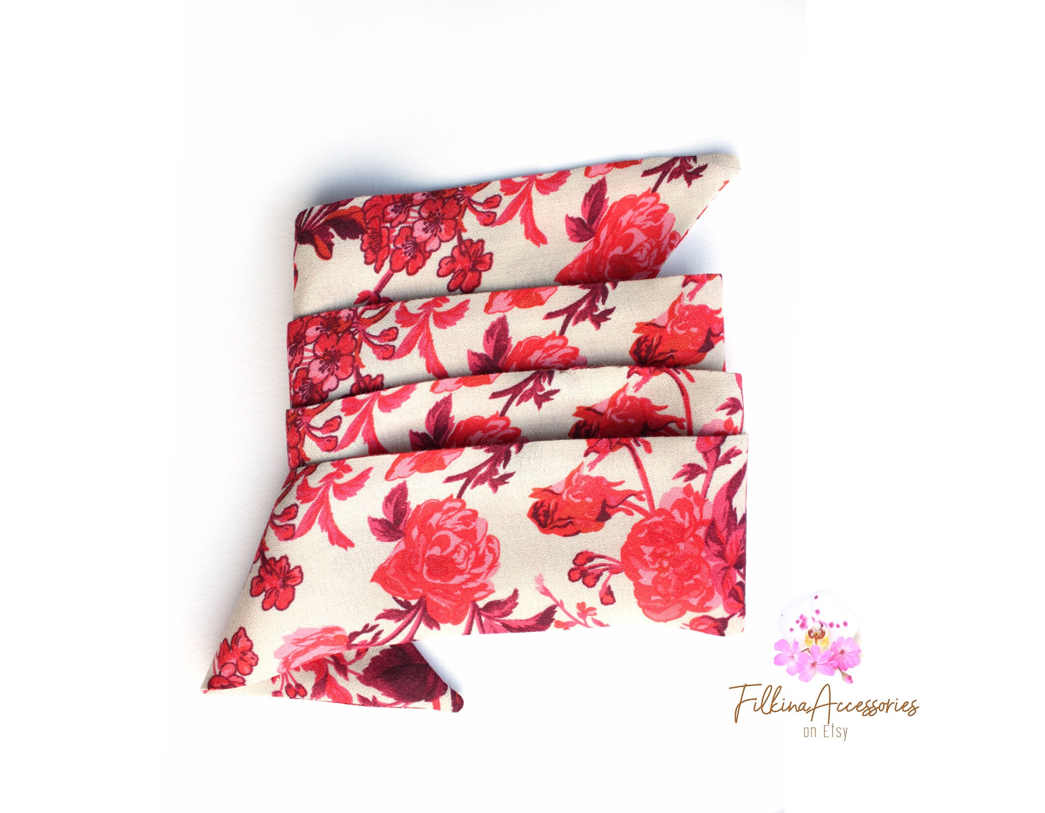 Beige kleiner dünner seidiger Schal rote Rosen Ponytail | Etsy