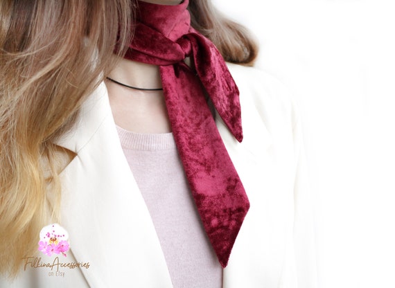 Velvet Burgundy Narrow Neck Scarf Red 