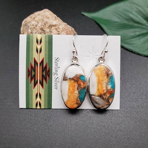 SV #A123 | Dainty Spiny Oyster Turquoise Earrings | Sterling Silver Turquoise Spiny Oyster Dangle Earrings | Multicolor Earrings Gifts Ideas
