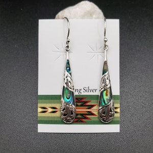 AS#19 | Long Teardrop Abalone Inlay Dangle Earrings | Sterling Silver Abalone Shell Inlay Earrings | Big Abalone Shell Southwest Earrings