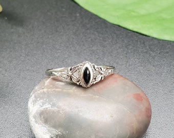 Ring #R18 Small Black Onyx Ring | Everyday Ring | Dainty Black Ring | Tiny Black Marquise Ring | Everyday Sterling Silver Black Inlay Ring