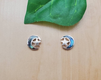 AS#06 | Abalone Inlay Moon and Star Stud Earrings | Sterling Silver Abalone Star and Moon Earrings | Star Moon Inlay Studs | Inlay Posts
