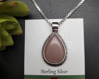 UF-190 | Unique Sterling Silver Peach Moonstone Teardrop Pendant With Silver Chain Necklace | Moonstone Necklace | Peach Moonstone Pendant