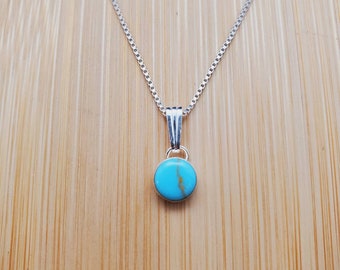 Sterling Silver 6mm Kingman Turquoise Necklace Pendant With Silver Chain Necklace | Simple Turquoise Necklace | Tiny Turquoise Pendant