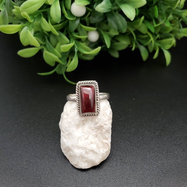 R-10377 | Rectangle Red Garnet Ring | Sterling Silver Twist Wire Garnet Ring | Dainty Silver Red Stone Rectangle Ring | Free Ship From USA