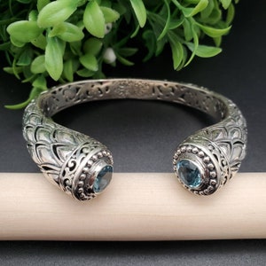 BC#117 | Sterling Silver Blue Topaz Bracelet Cuff | Balinese Bracelet With Healing Blue Topaz Gemstone | Balinese Silver Gemstone Bracelet